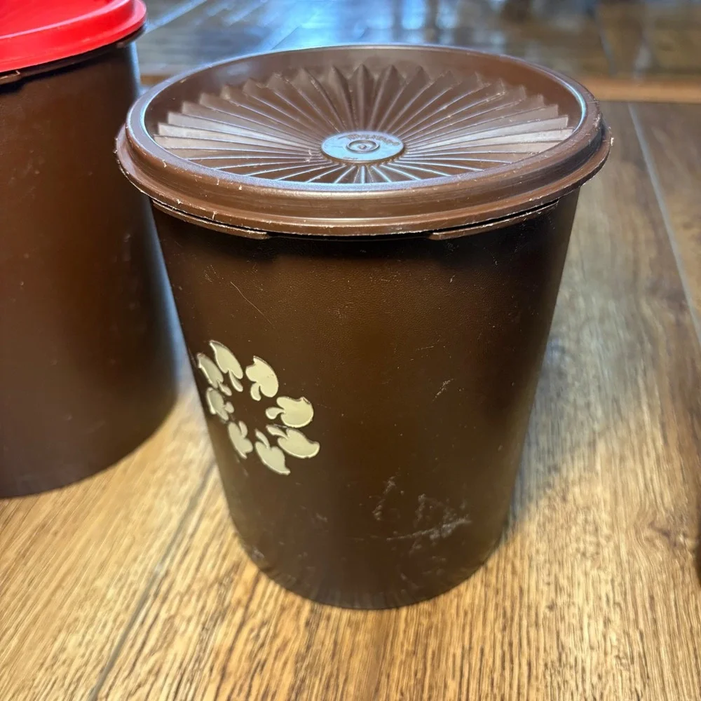 Tupperware Servalier 4 Pc Nesting Canister Mushroom Set Brown w/Lids VTG 70s USA